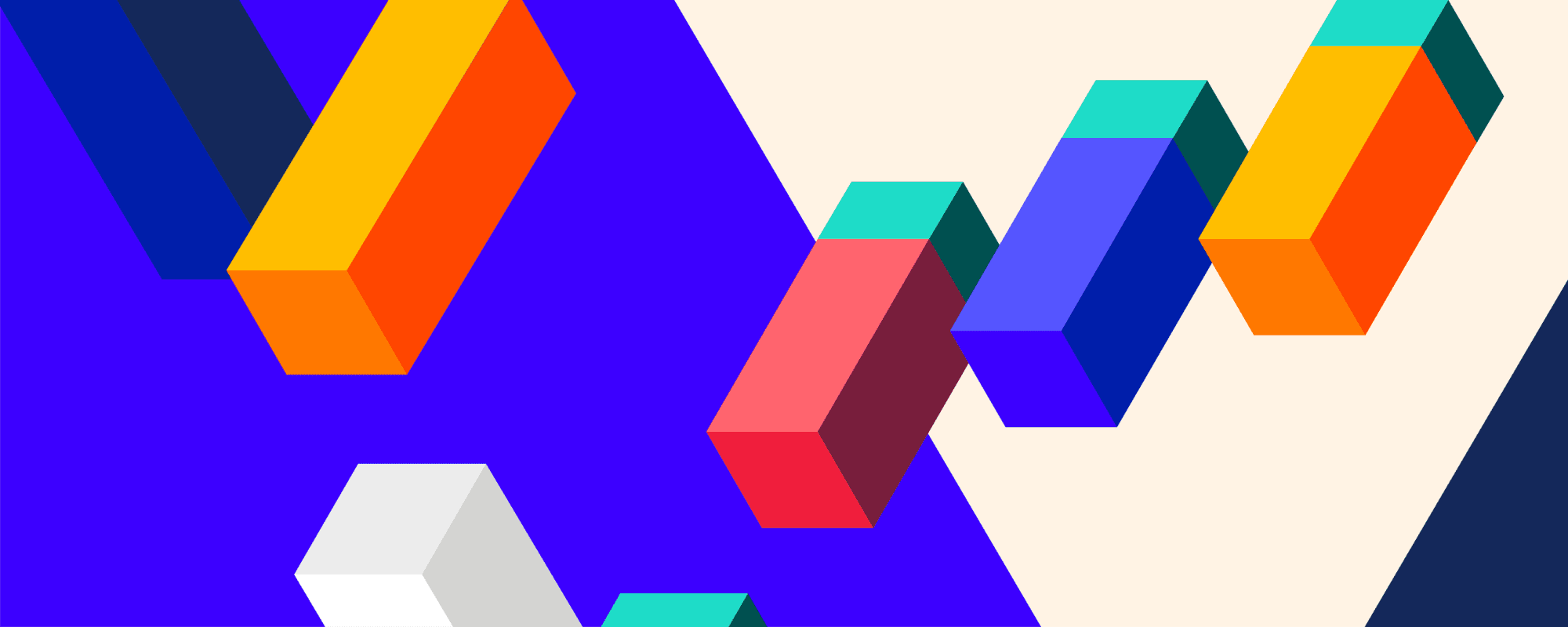Background image showing block several shapes in different colours with a Blue and off white background.