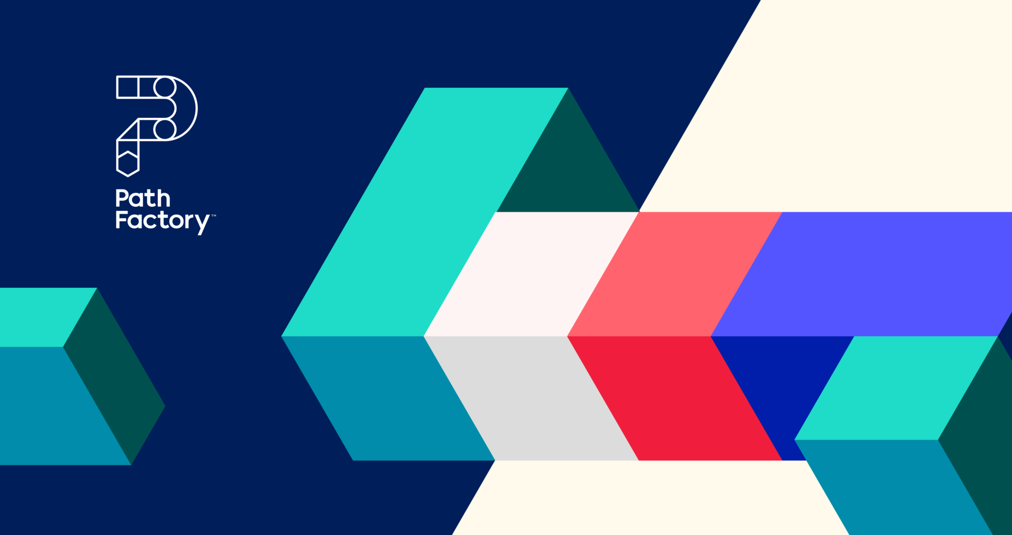 Decorative blocks on blue and beige background with PathFactory logo in upper left corner