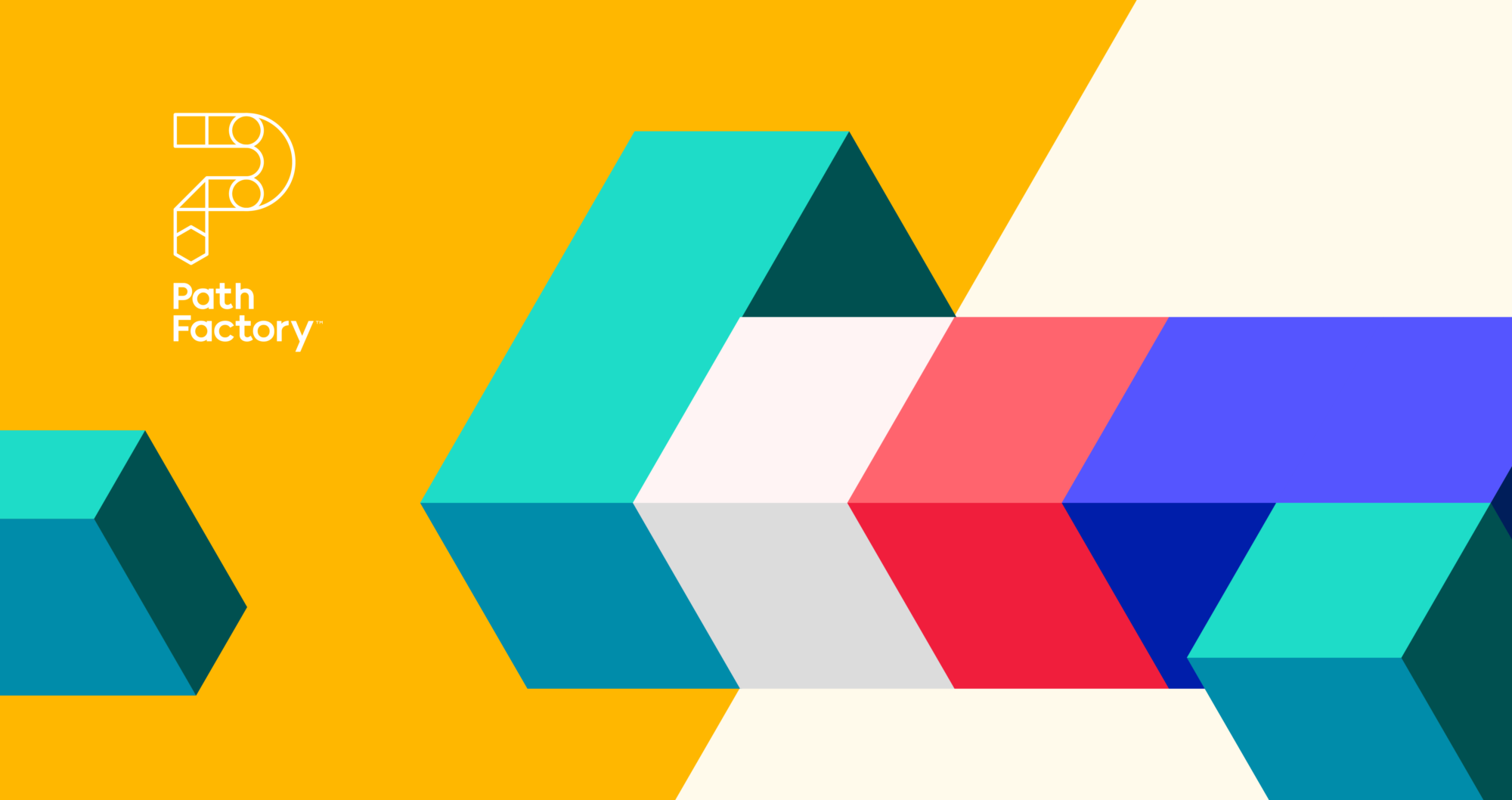 Decorative blocks on a yellow background with the PathFactory logo in the top left