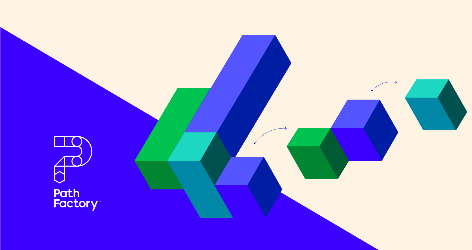 Decorative image with blocks in blue, green on a blue and light brown background with PathFactory logo on bottom left