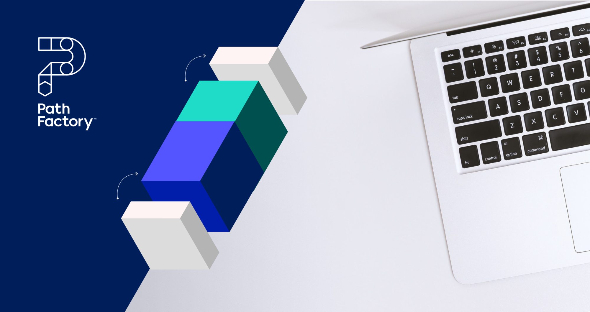 Background Header Image showing half of a laptop from an arial view next to some blue and white block shapes with PathFactory's logo on the top left on a Dark Blue and Light Grey background.