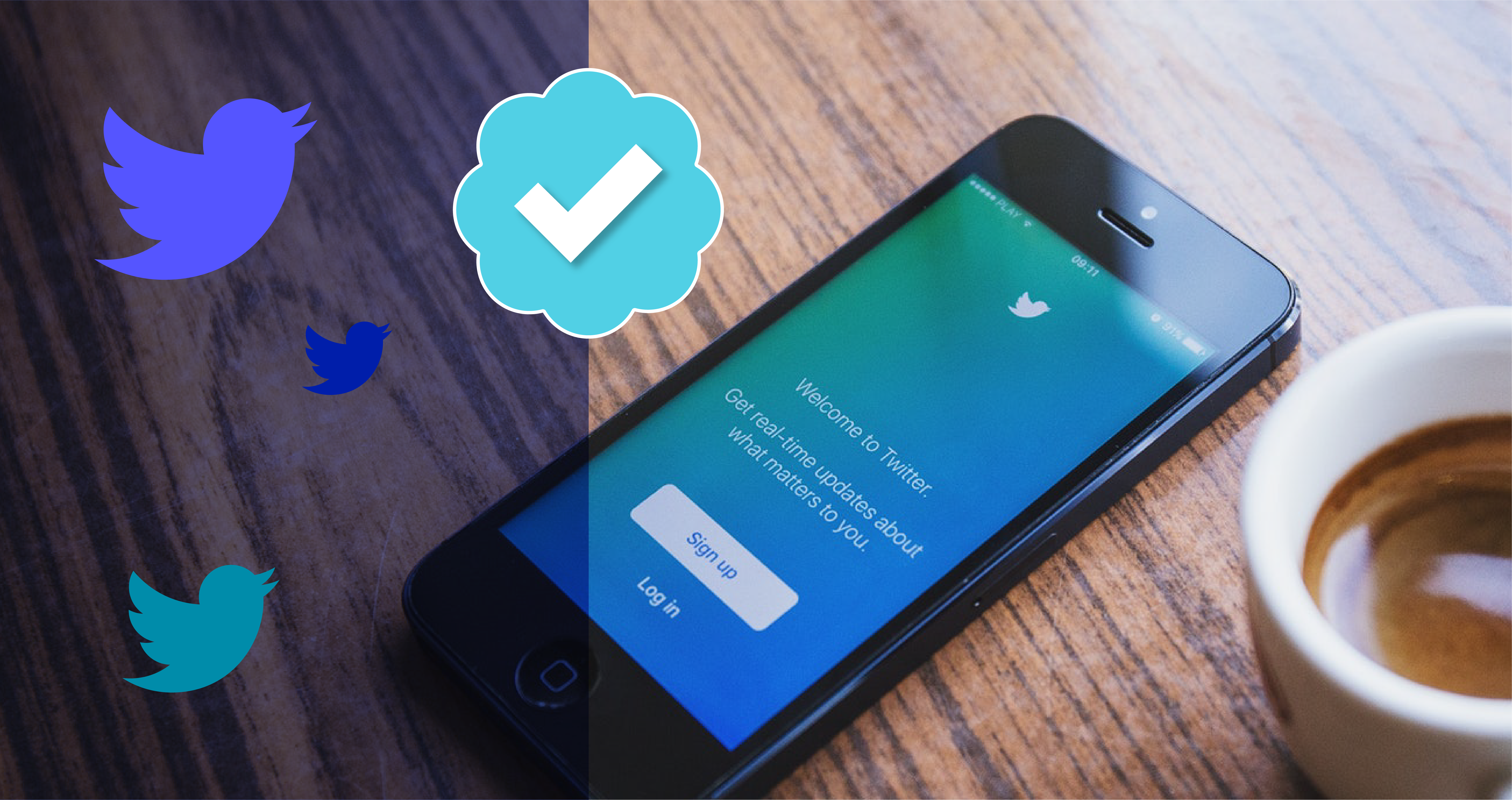 Header image showing a phone on a wooden table next to a coffee, the phone is on the Twitter log in screen and has blue twitter logos to the right on it with a large white tick on a blue background.