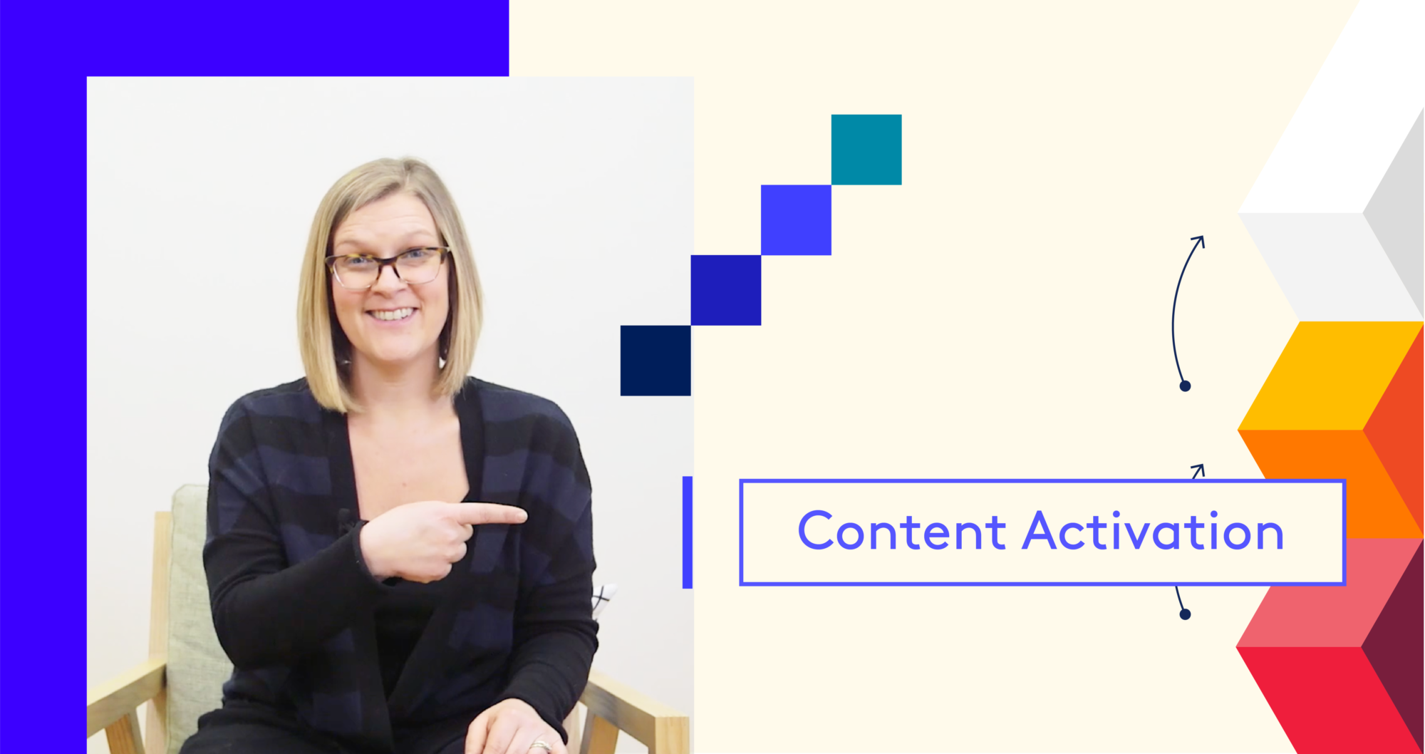 Image Woman smiling pointing at sign saying "Content Activation"