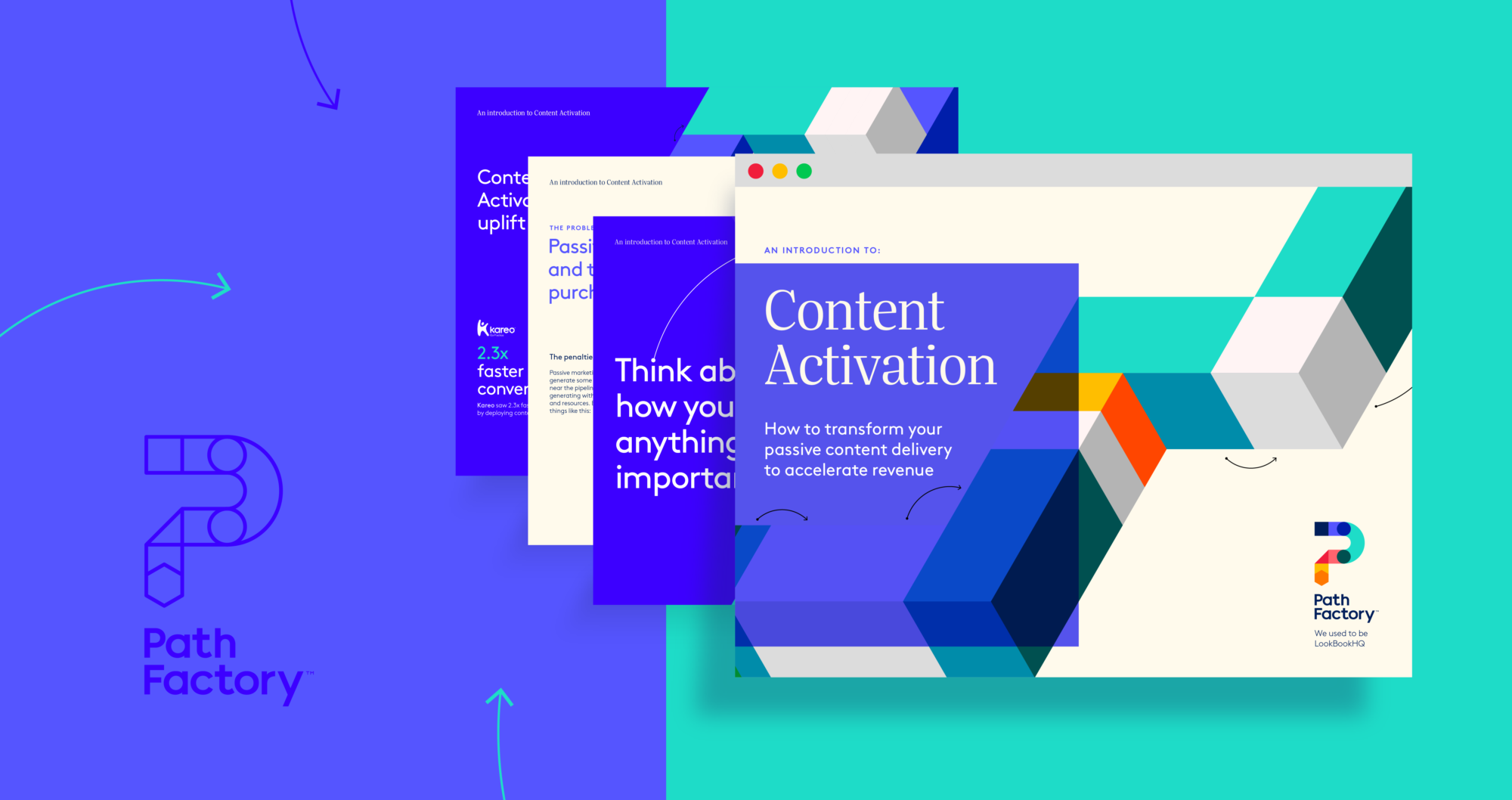 Decorative blue and green background - screenshots of Content Activation pages on PathFactory website
