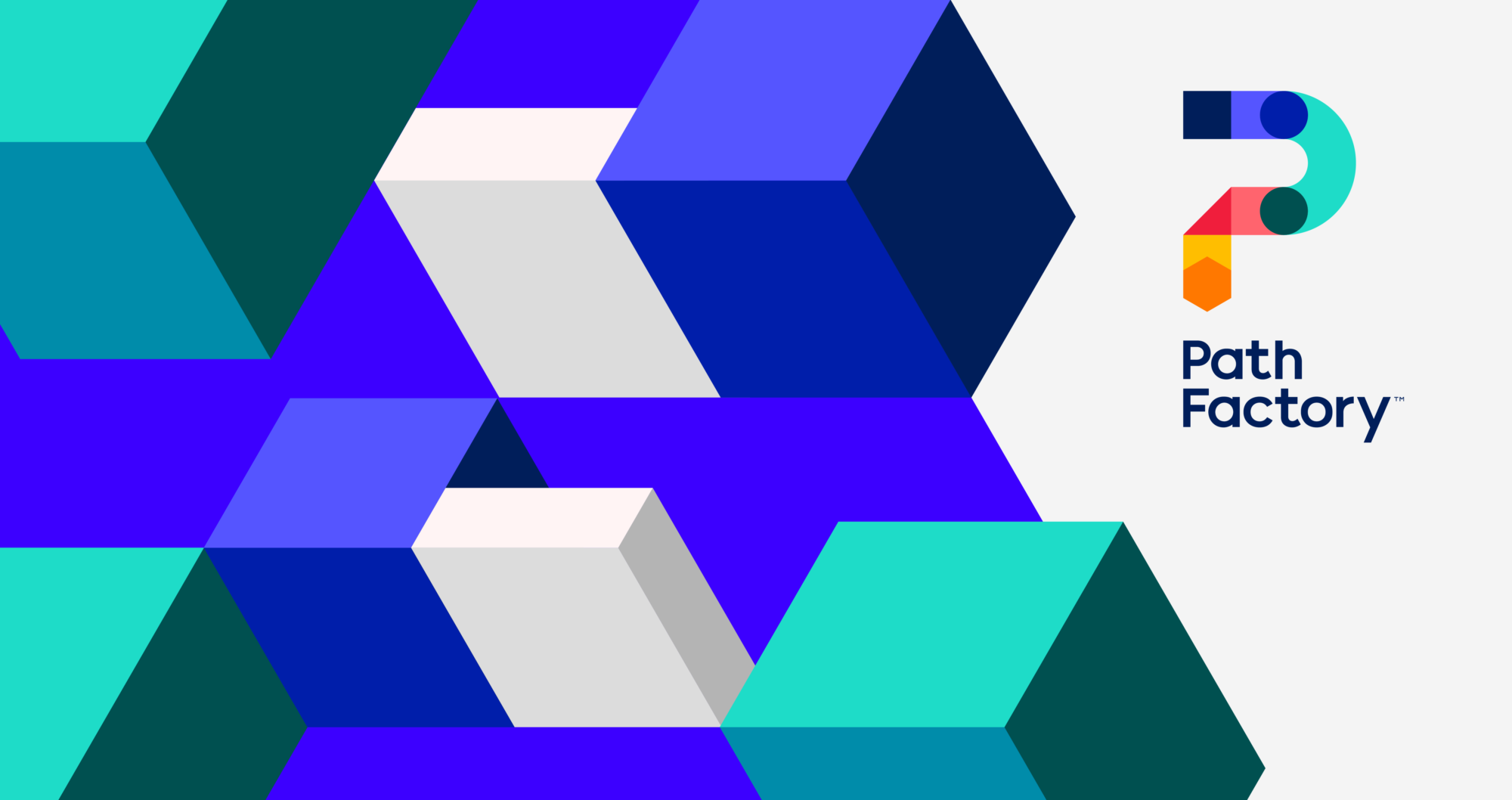 Decorative 3 dimensional blocks in blue, green and white with multicolor PathFactory logo in upper right corner