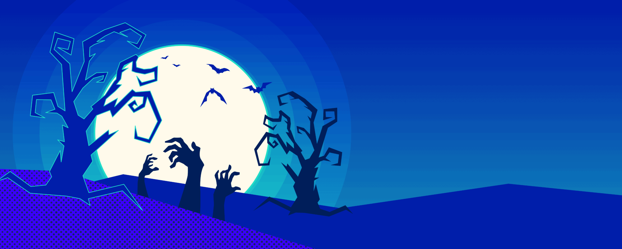 Header Image showing a spooky cartoon image with twisted trees and hand coming out of the ground with the moon in the background on a dark blue background.