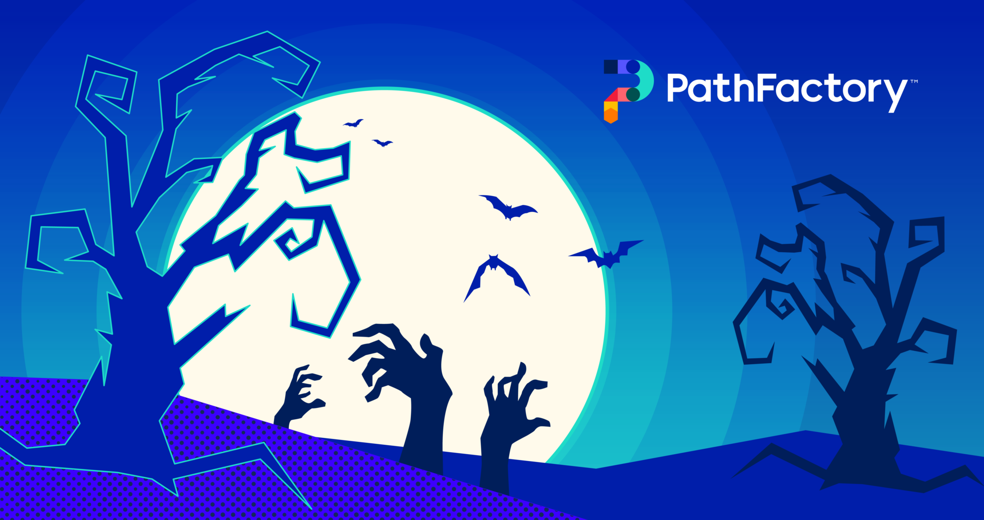 Header Image showing a spooky cartoon image with twisted trees and hand coming out of the ground with the moon in the background on a dark blue background. PathFactory's logo is on the top right.