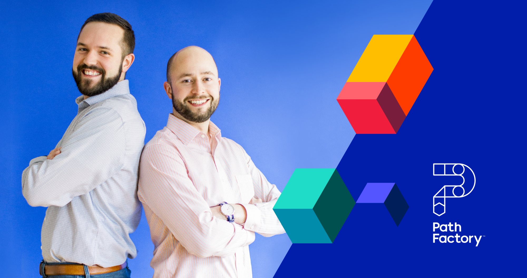Header Image showing two gentlemen in shirts back to back leaning against each other smiling with a dark blue background and block shapes with PathFactory's logo in the bottom right