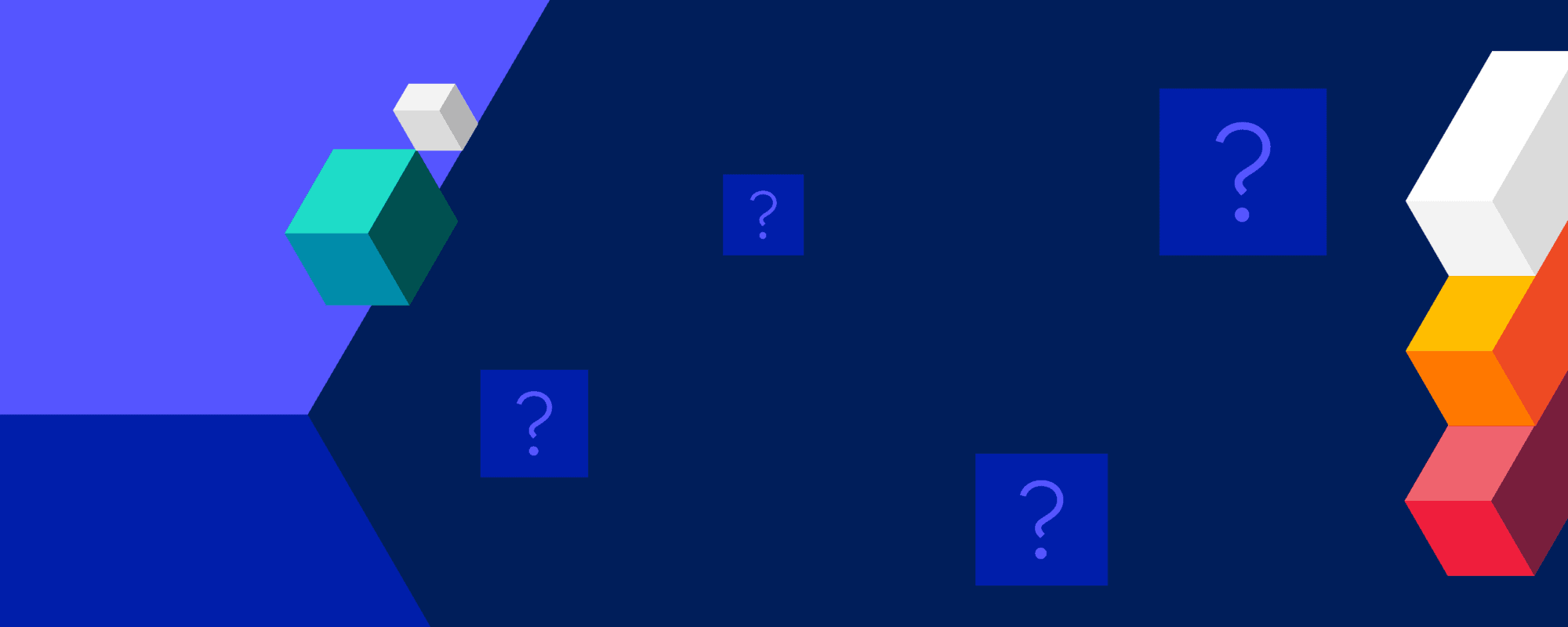 Dark Blue Background with block shapes and squares with question marks.