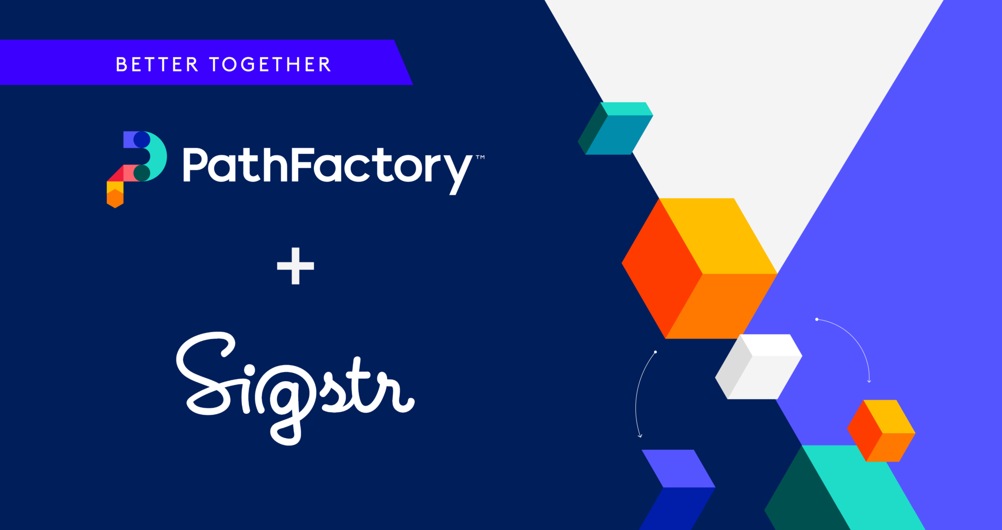 Header image with a dark blue and white background with block shapes. The title on the left states "Better Together: PathFactory + Sigstr".