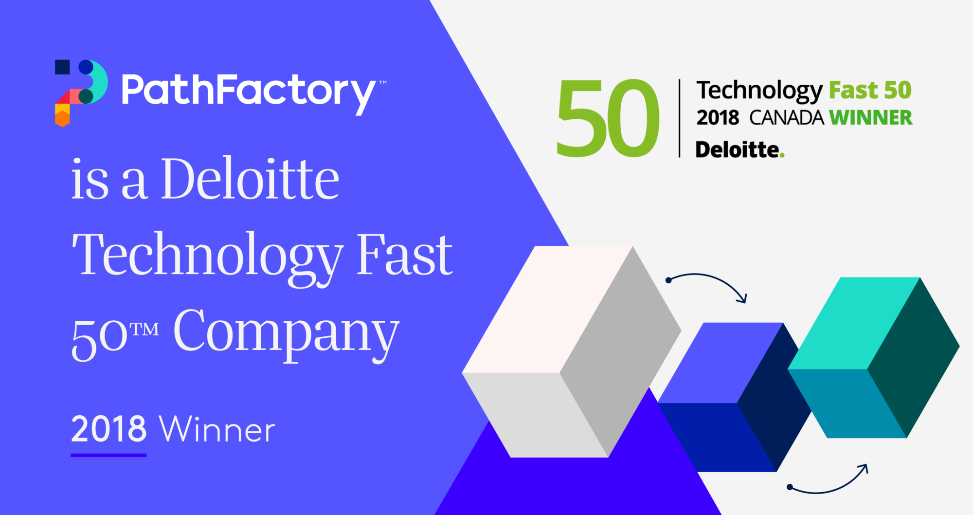 Decorative blocks on blue and beige background with PathFactory logo in upper left and title below "is a deloitte technology fast 50 company"