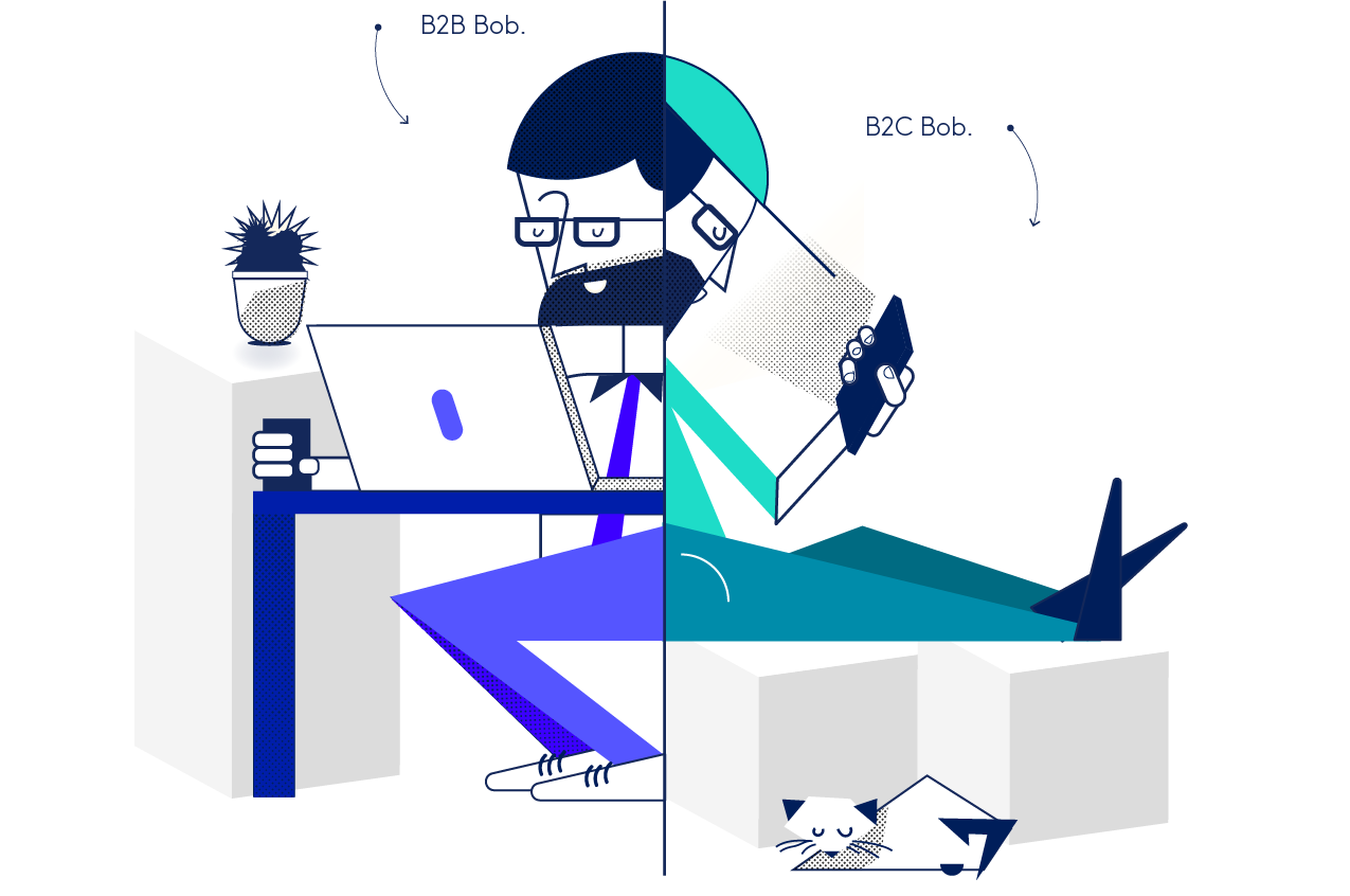 An illustrated demonstration of a person's personal and professional lives. One side, B2B Bob is sat at a desk looking at a computer, the other, B2C Bob is relaxing looking at a smart phone.