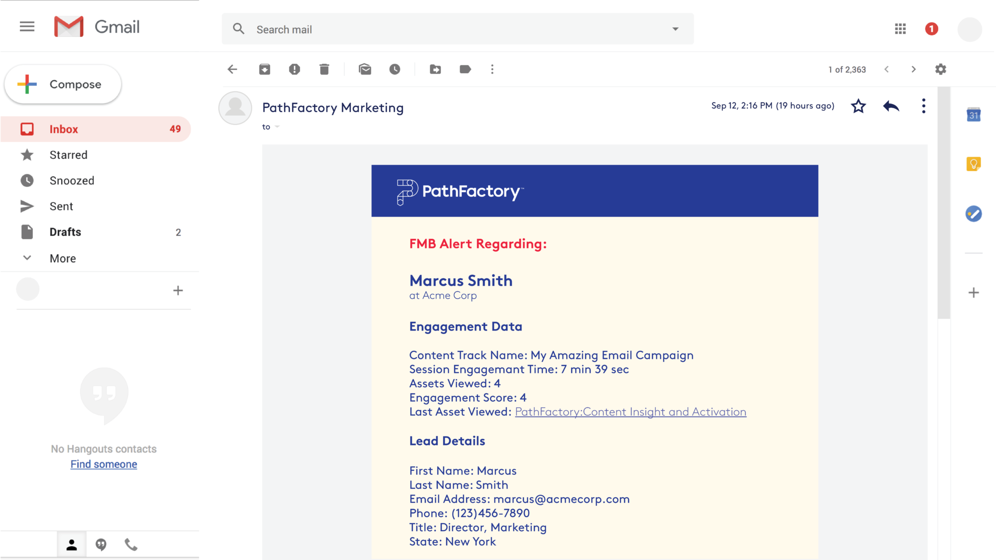 Email screen shot of Fast Moving Buyer Alert sent from PathFactory Marketing to Account Executive assigned to Acme Corporation with content engagement and lead contact details
