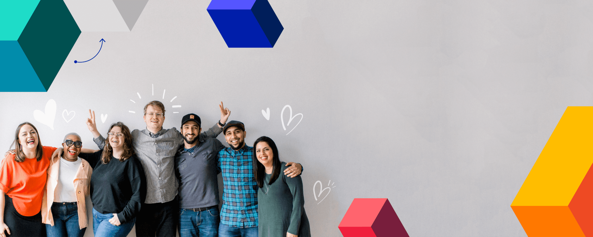 Header Image showing a ground of 7 people from the PathFactory Team smiling at at the camera. Above the group is PathFactory's logo and some colourful shapes on a light grey background.