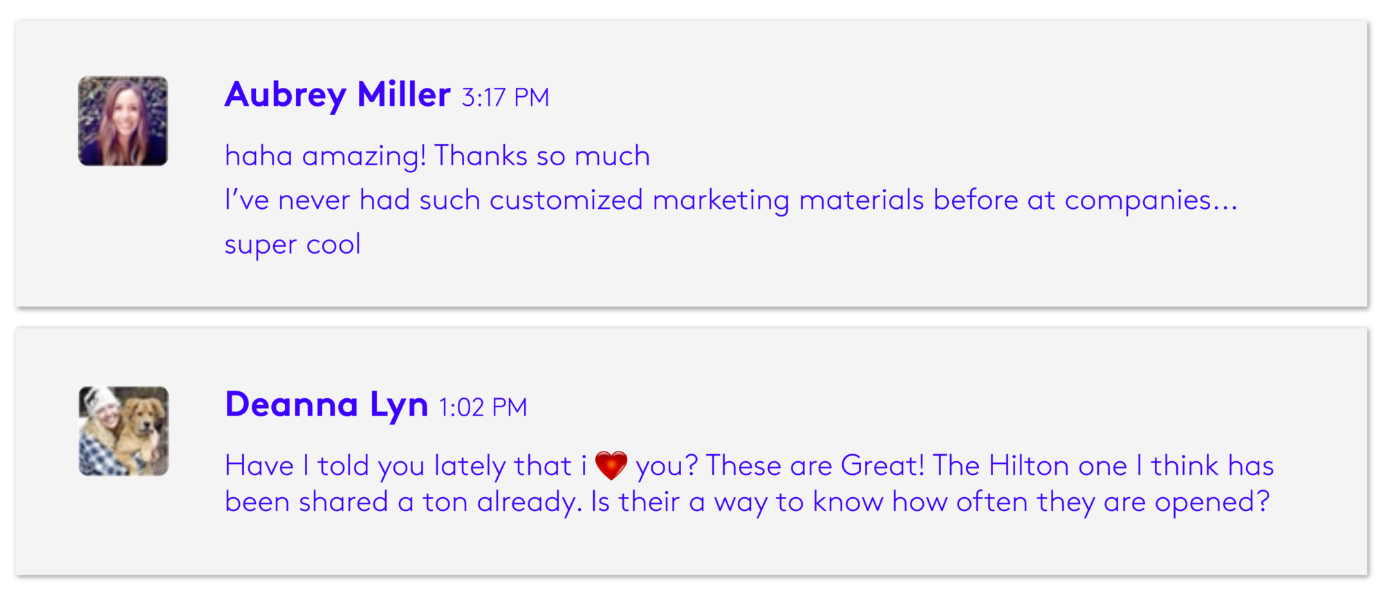 Screenshot of two comments from people stating their enthusiasm about receiving customized marketing materials 