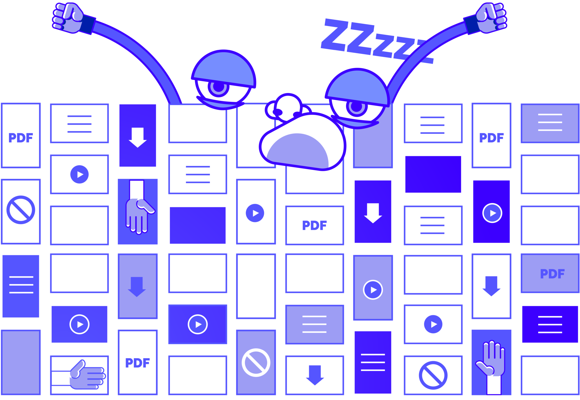 An illustration of an anthropomorphized resource centre, sleepy-eyed, yawning with ZZzzz above it's head