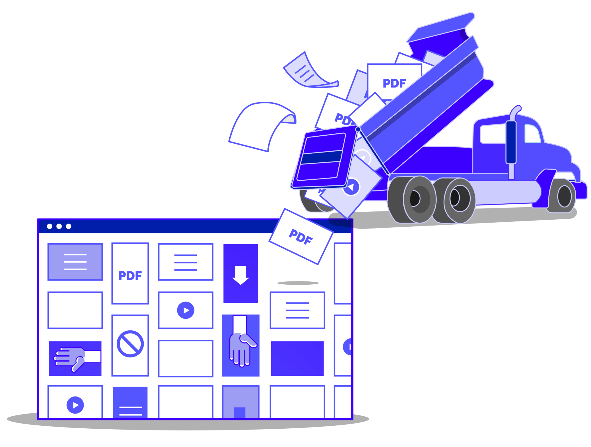 An illustration of a dumptruck dumping content assets, labelled as videos and PDFs, into a B2B marketing resource center