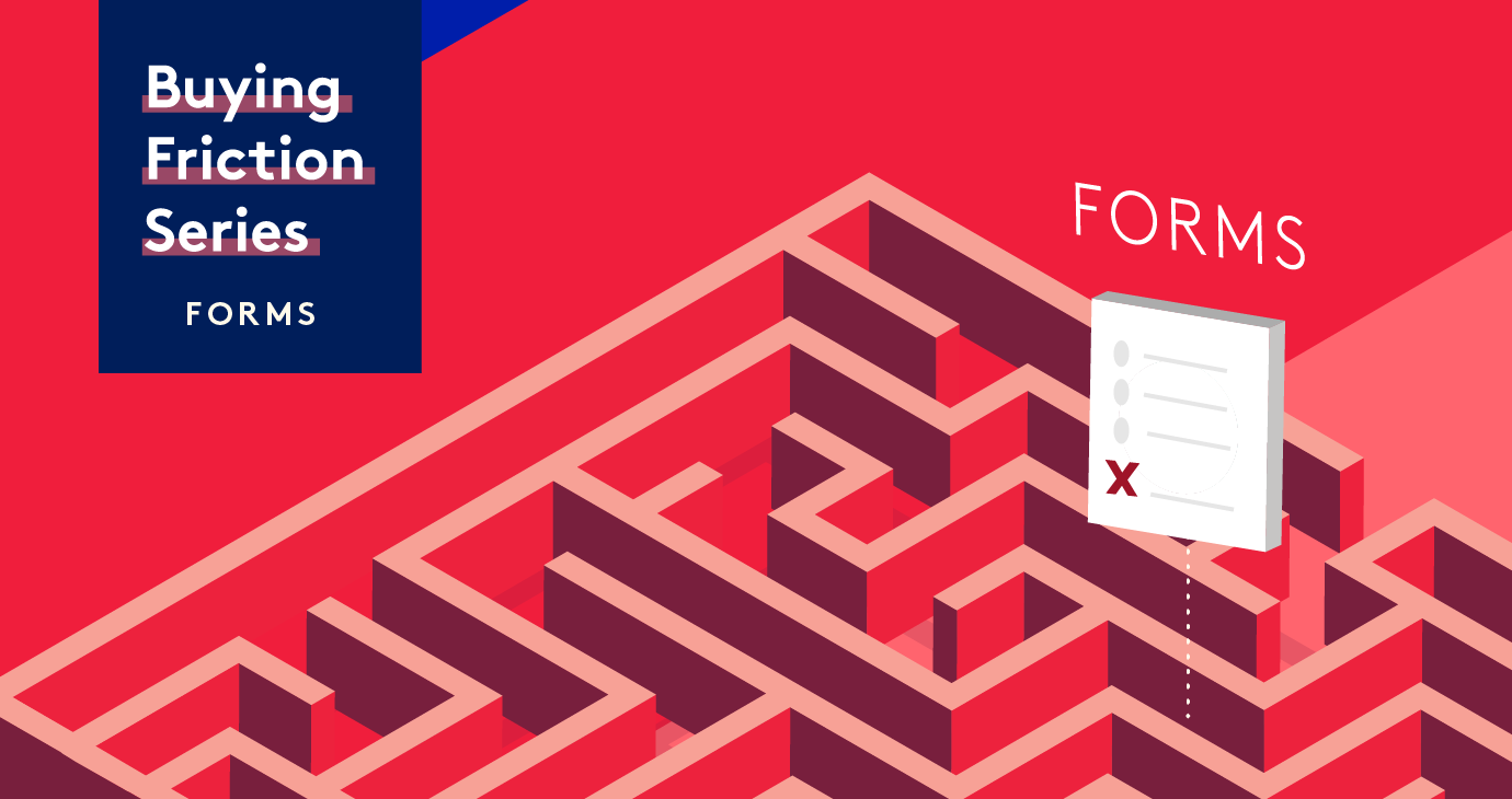 Buying Friction Series: Forms, with a red background with a maze