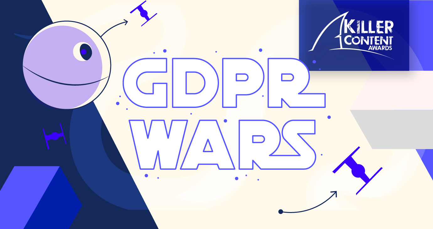 Killer Content Awards, GDPR Wars, with cartoon DeathStar and Starfighter on blue and beige background