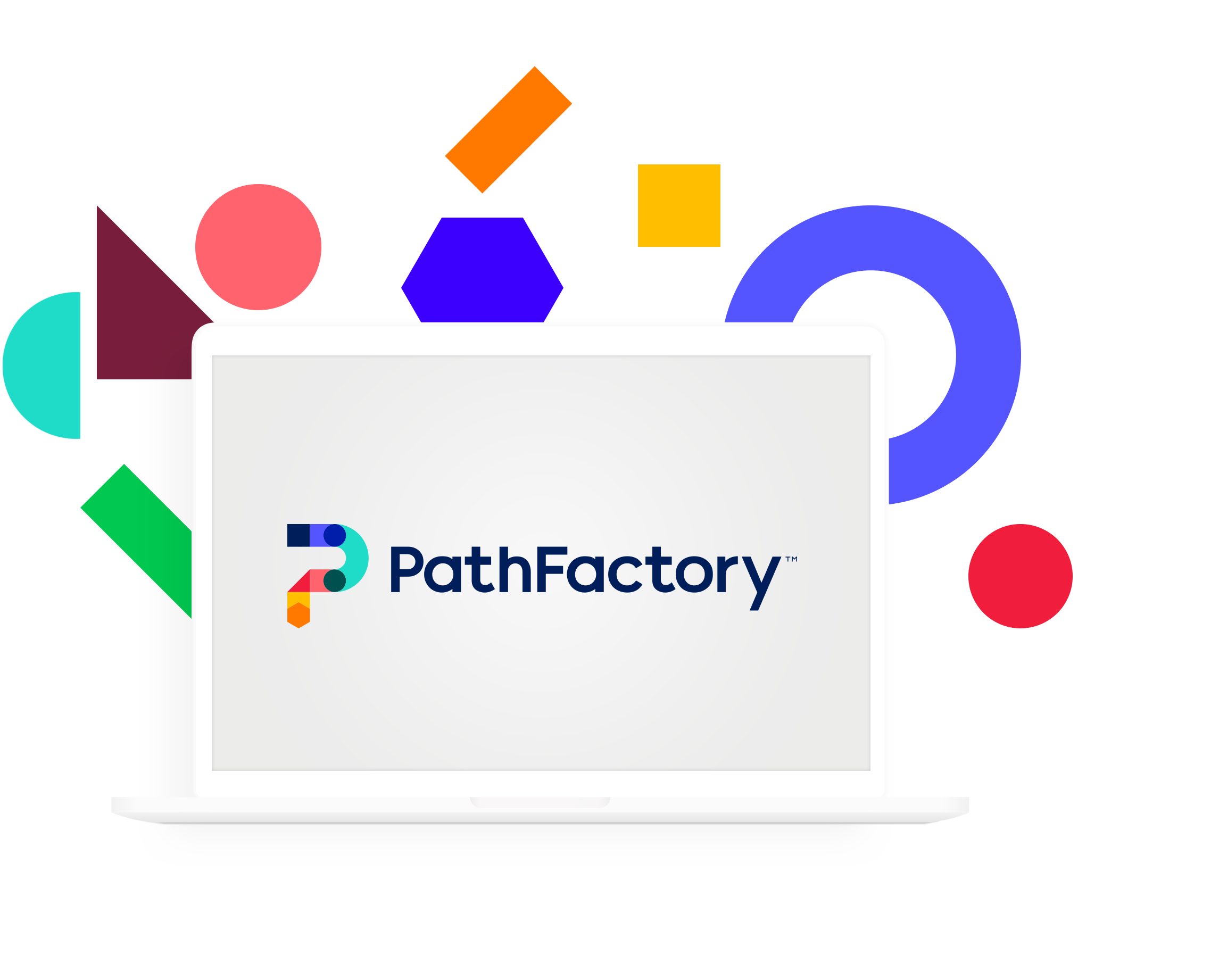 An illustrated computer with the PathFactory logo and various coloured, decorative shapes behind the computer.