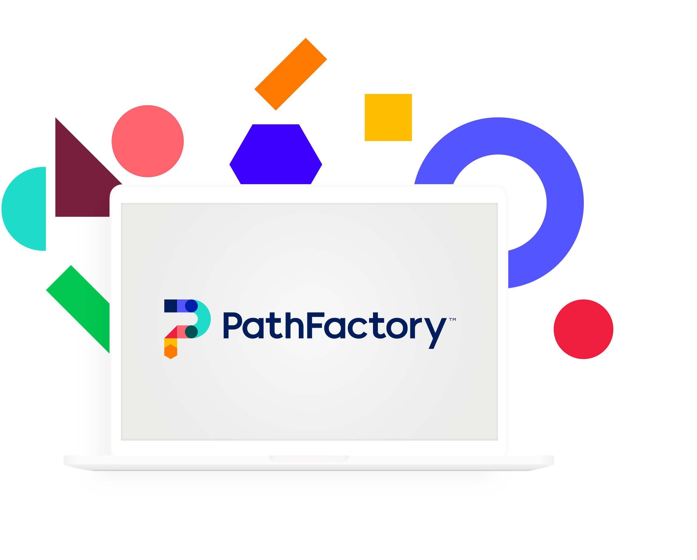 An illustrated computer with the PathFactory logo and various coloured, decorative shapes behind the computer.