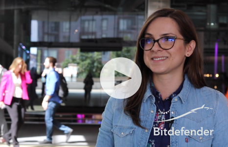 Video Thumbnail featuring Bitdefender Logo and Ema Negrison speaking outside of conference centre