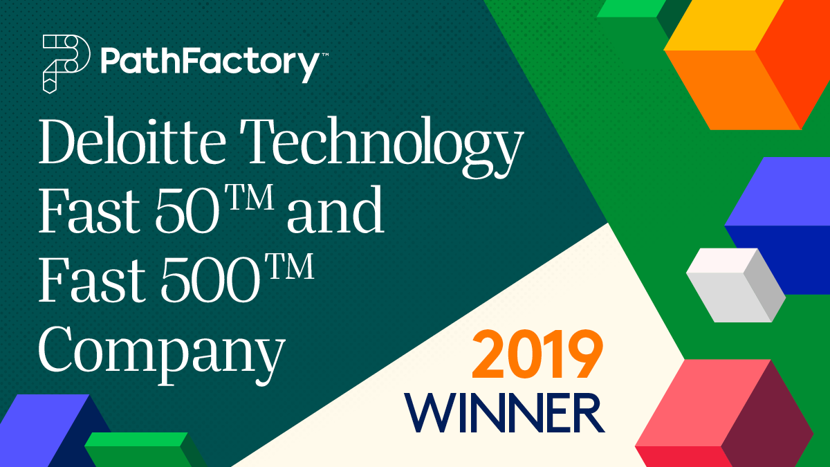 Deloitte Technology Fast 50 and Fast 500 Company 2019 Winner, decorative blocks on a green and beige background with a PathFactory logo in the upper left corner
