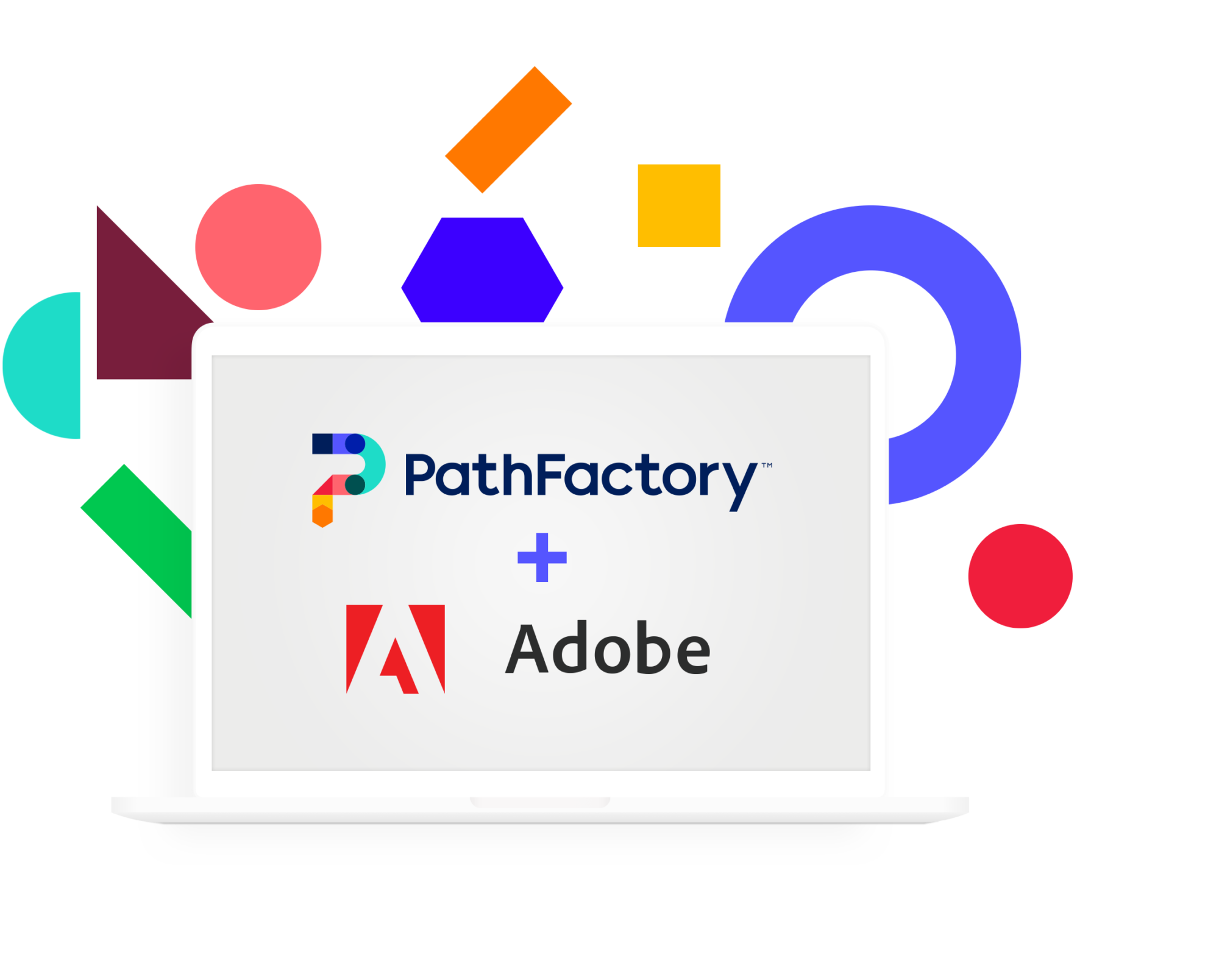 PathFactory and Adobe Logo's in an image of a laptop with a grey screen, colorful geometric shapes on a white background