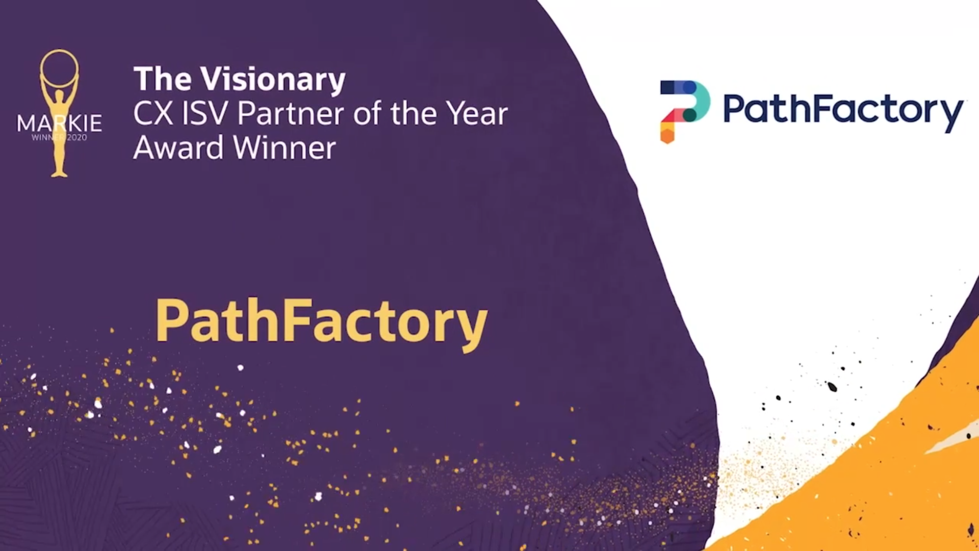 Markie Winner 2020 Logo Text: Visionary CX ISV Partner of the Year Award - PathFactory - on a purple, yellow and white backround