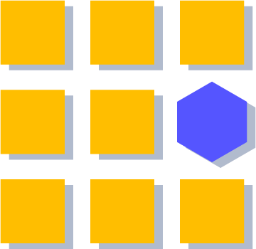 A grid of yellow squares with one blue hexagon, representing differentiation