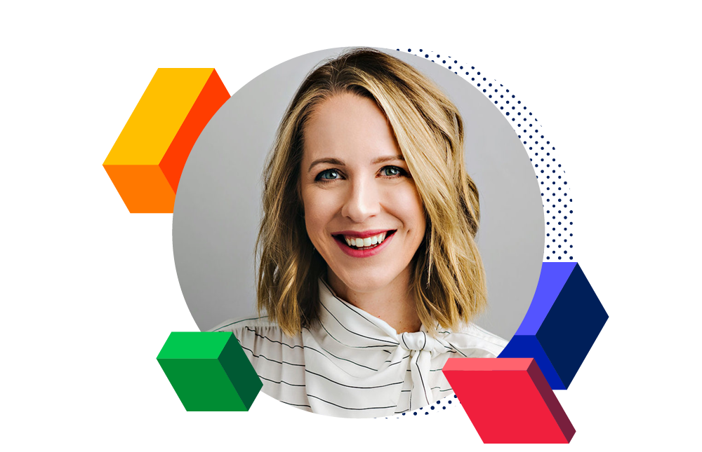 Headshot of Lindsay Cournoyer surrounded by decorative blocks