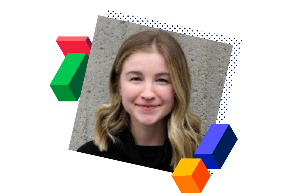 Headshot of Shannon Fitzgerald-Lussier surrounded by decorative blocks