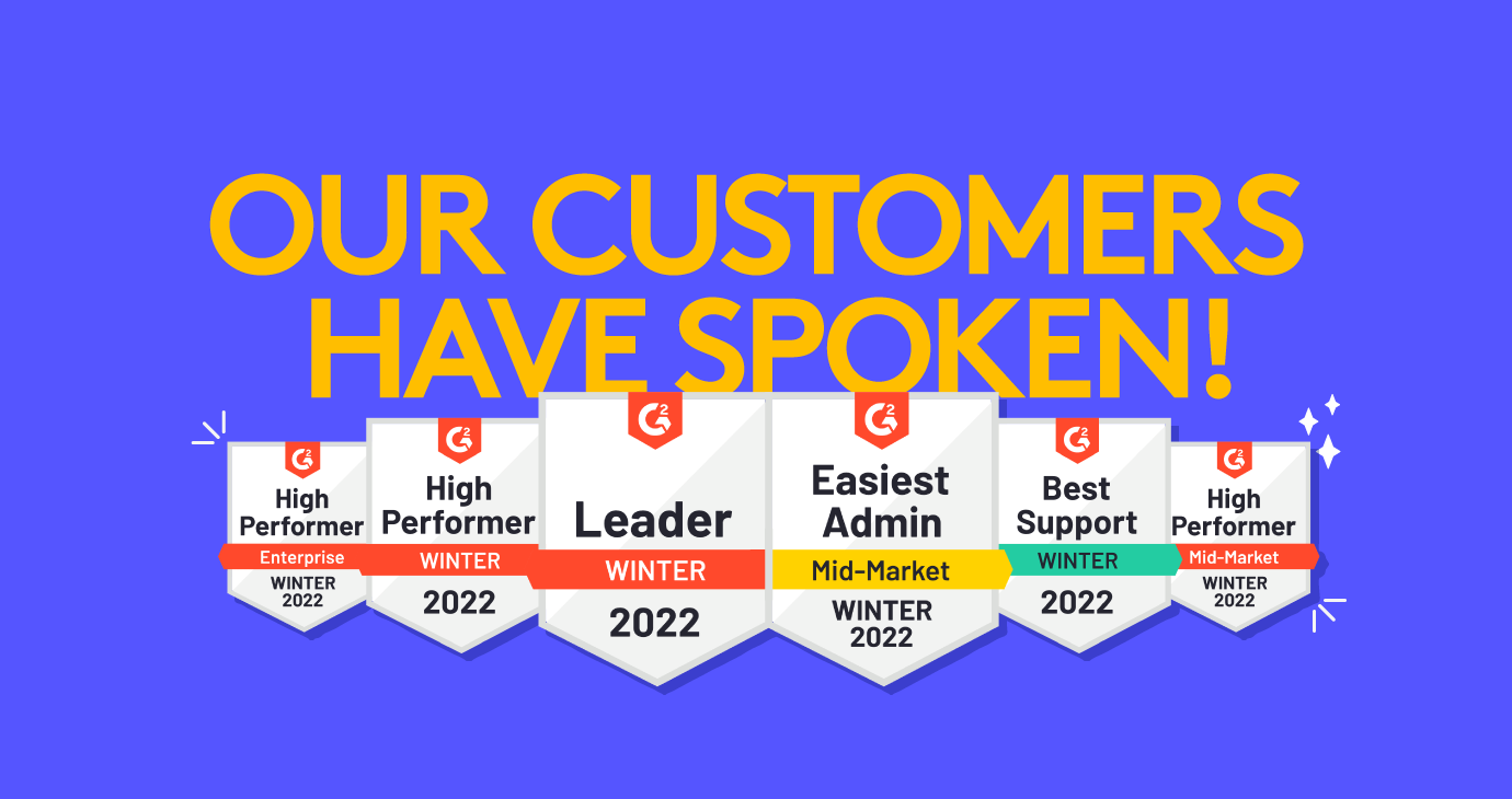 6 award banners from G2 with text "Our customers have spoken"