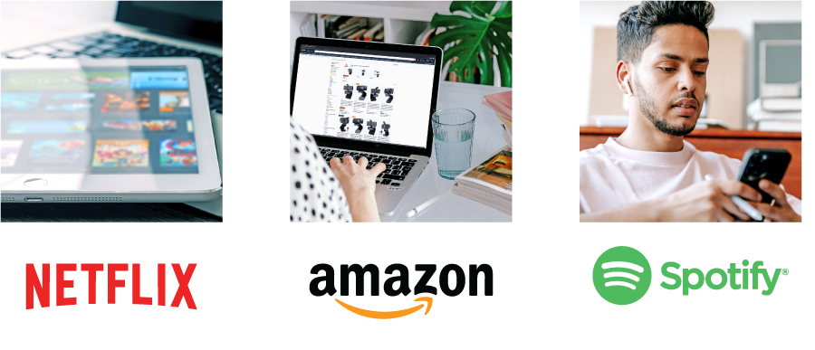 Three images in a row, an image of a streaming service on an ipad with the Netflix logo underneath, an image of someone shopping online with the amazon logo underneath, and a picture of a man listening to music on his phone with the Spotify logo underneath.