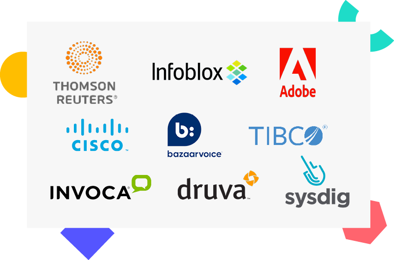A group of logos. Thomson Reuters, Infoblox, Adobe, cisco, bazaarvoice, tibco, Invoca, druva, sysdig