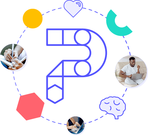 PathFactory Icon surrounded by shapes icons and images that represent the product and its proccess