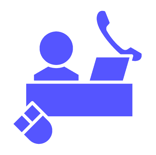 A sales rep at a desk working with a phone and a mouse icon