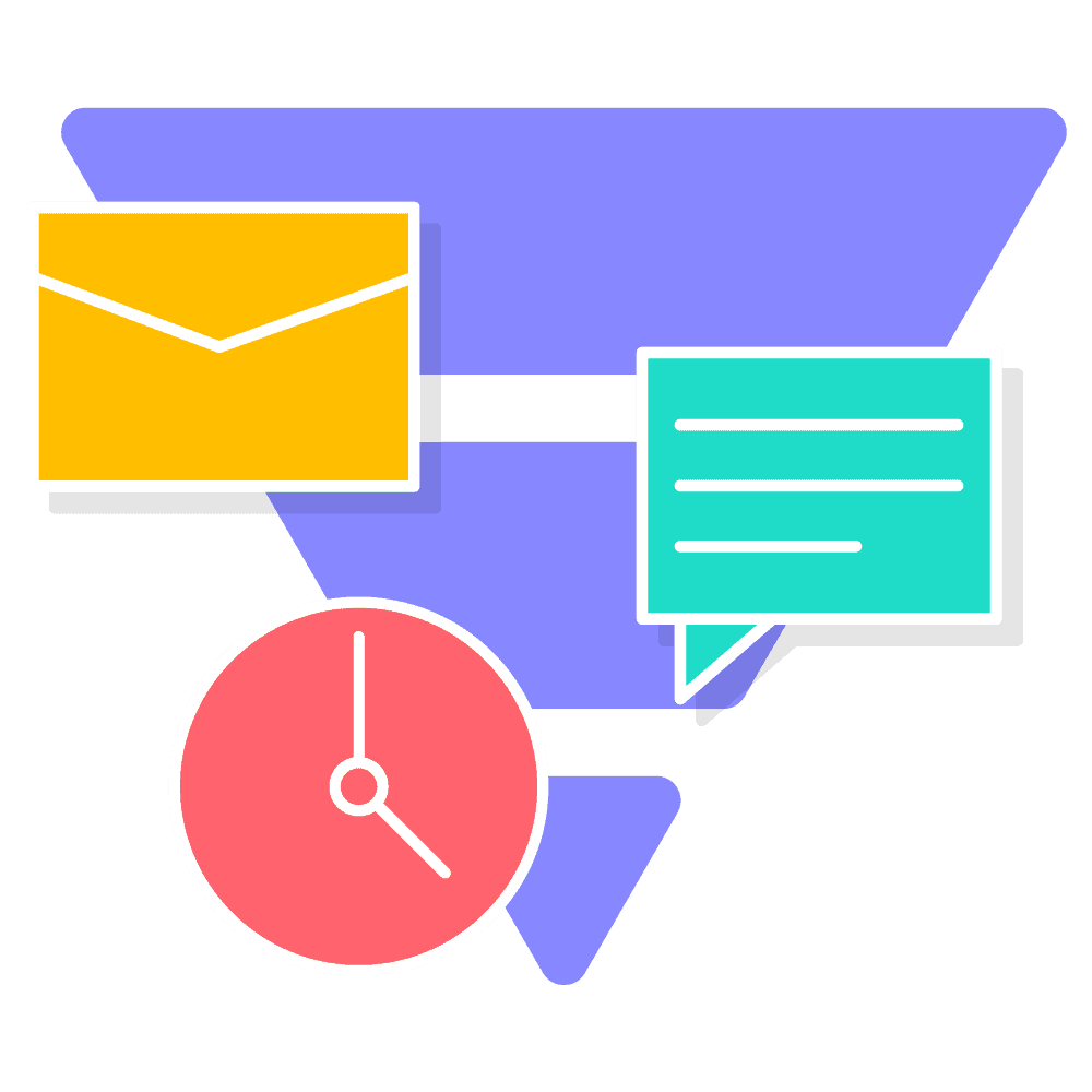 A representation of nurture with a sales funnel, clock, email, and messaging.